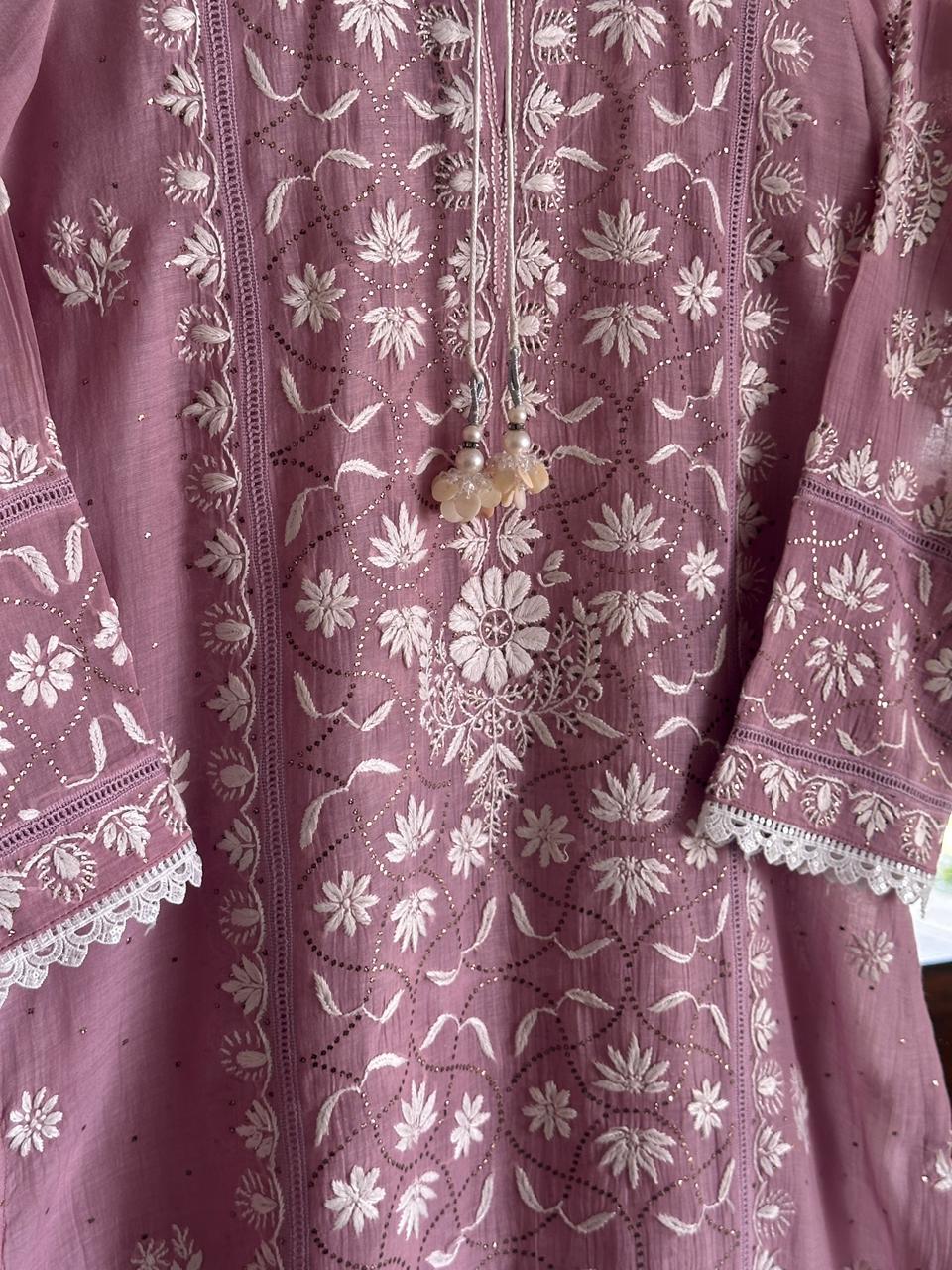 Dull Purple Mul Chanderi Mukaish Kamdani Chikankari Stitched Kurta Dupatta Set