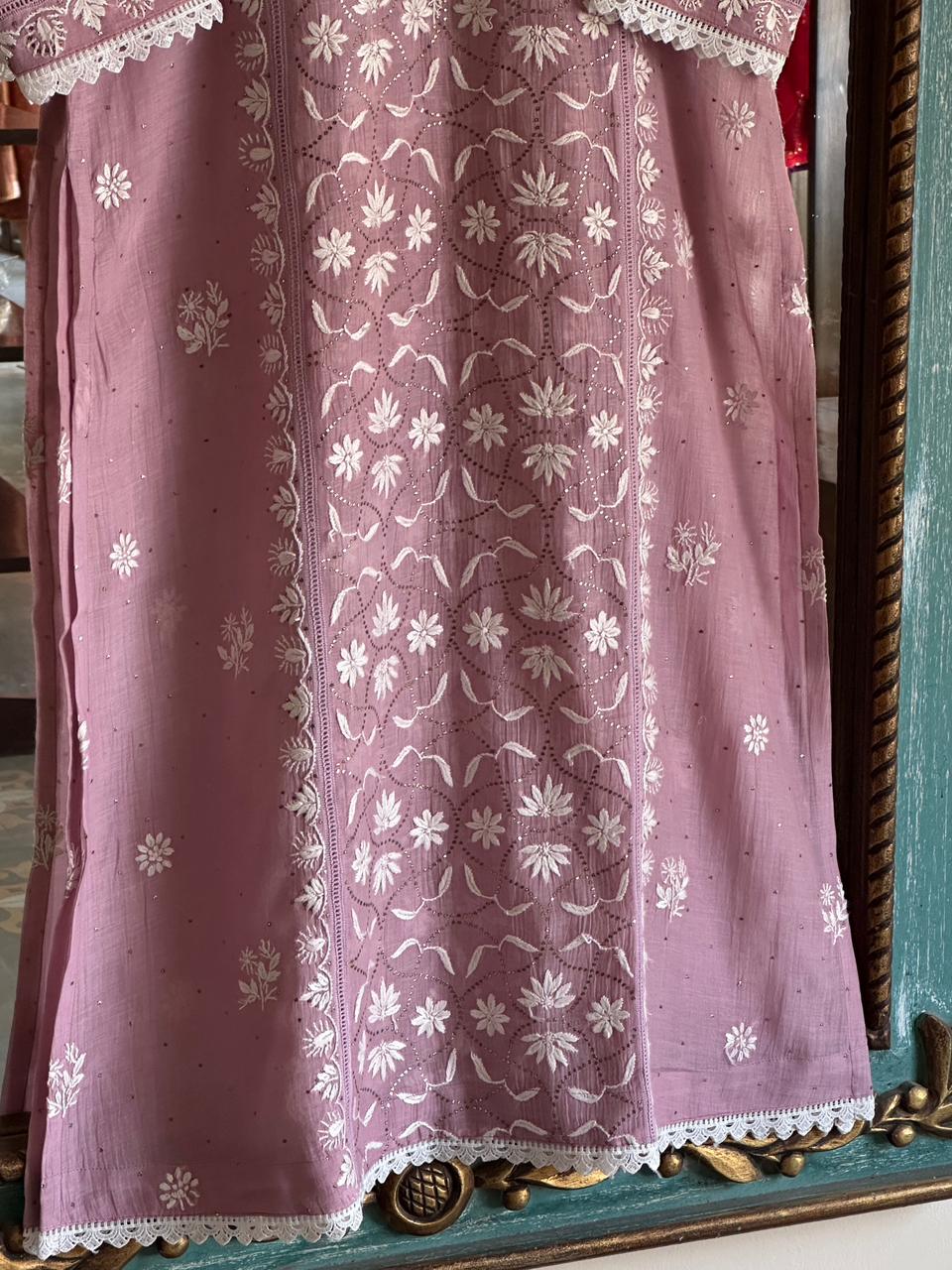 Dull Purple Mul Chanderi Mukaish Kamdani Chikankari Stitched Kurta Dupatta Set