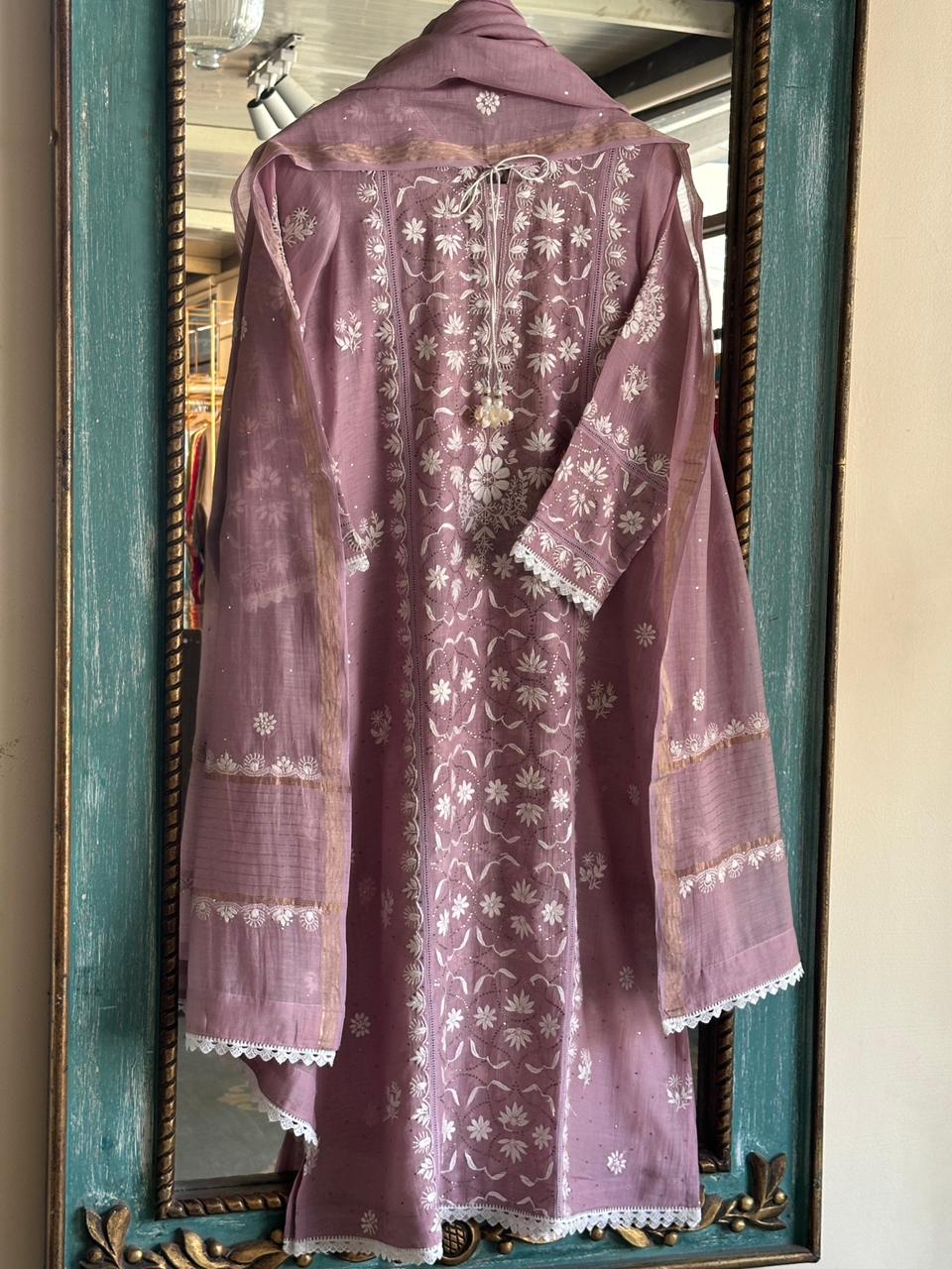 Dull Purple Mul Chanderi Mukaish Kamdani Chikankari Stitched Kurta Dupatta Set