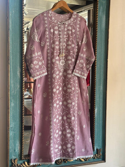 Dull Purple Mul Chanderi Mukaish Kamdani Chikankari Stitched Kurta Dupatta Set