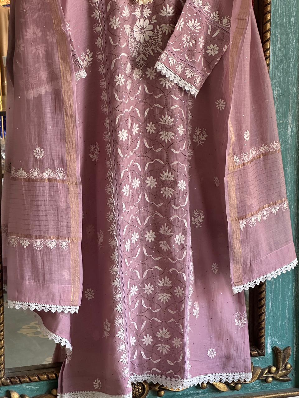 Dull Purple Mul Chanderi Mukaish Kamdani Chikankari Stitched Kurta Dupatta Set