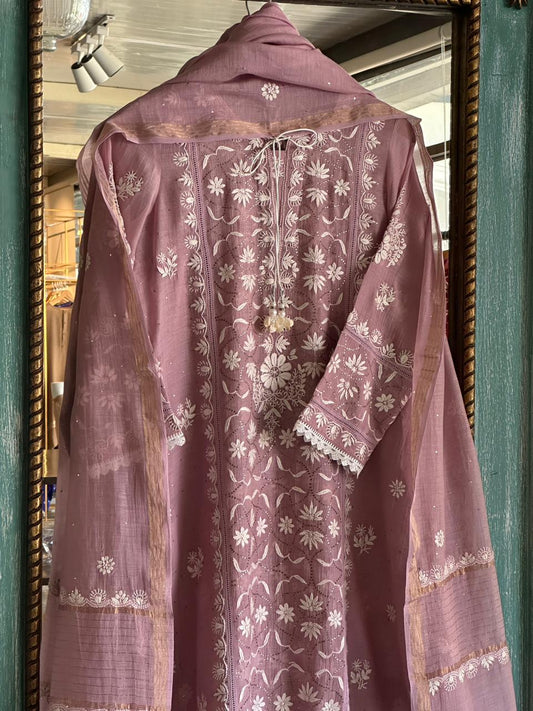 Dull Purple Mul Chanderi Mukaish Kamdani Chikankari Stitched Kurta Dupatta Set
