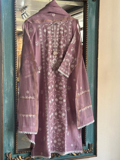 Dull Purple Mul Chanderi Mukaish Kamdani Chikankari Stitched Kurta Dupatta Set