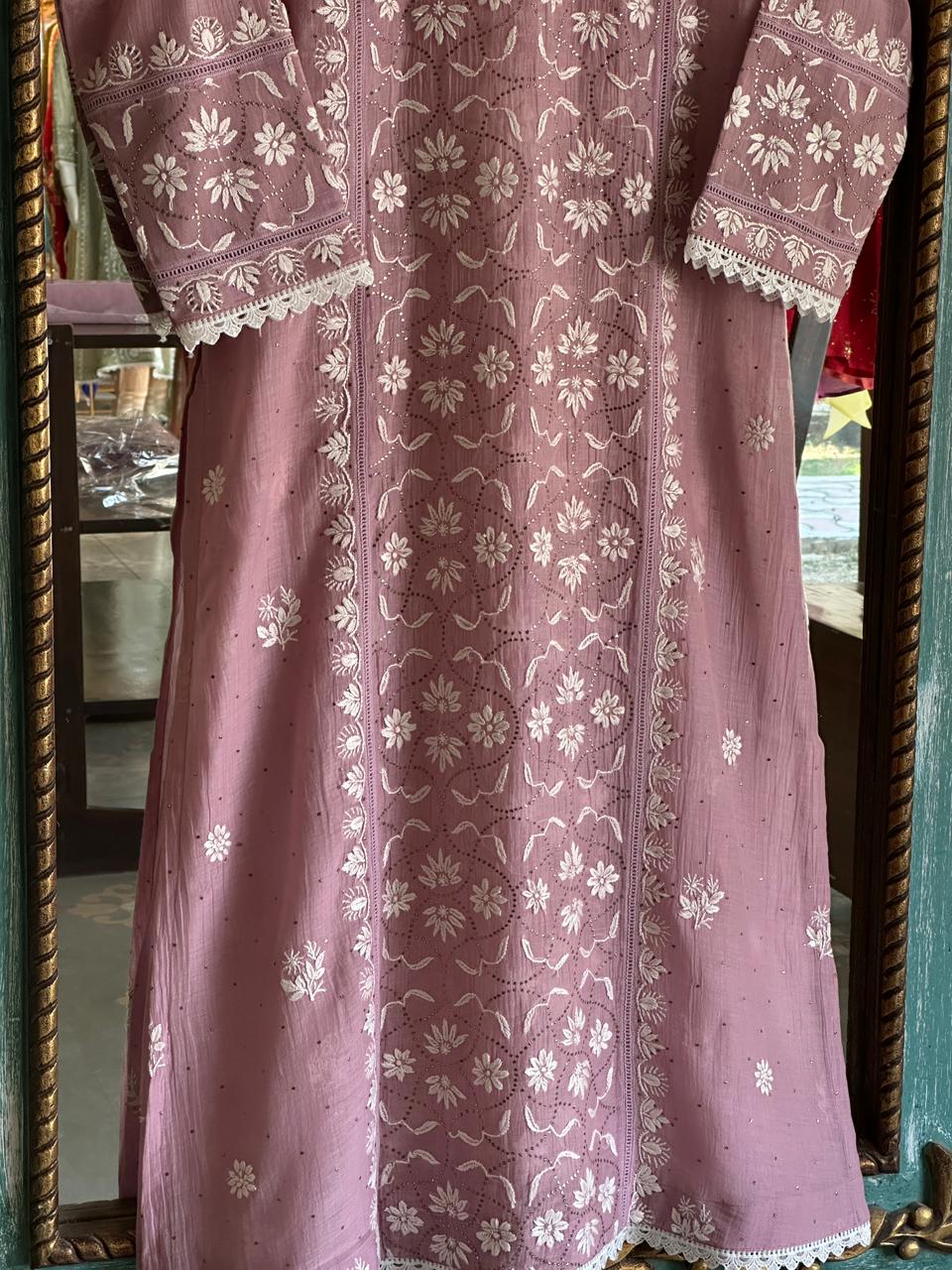 Dull Purple Mul Chanderi Mukaish Kamdani Chikankari Stitched Kurta Dupatta Set