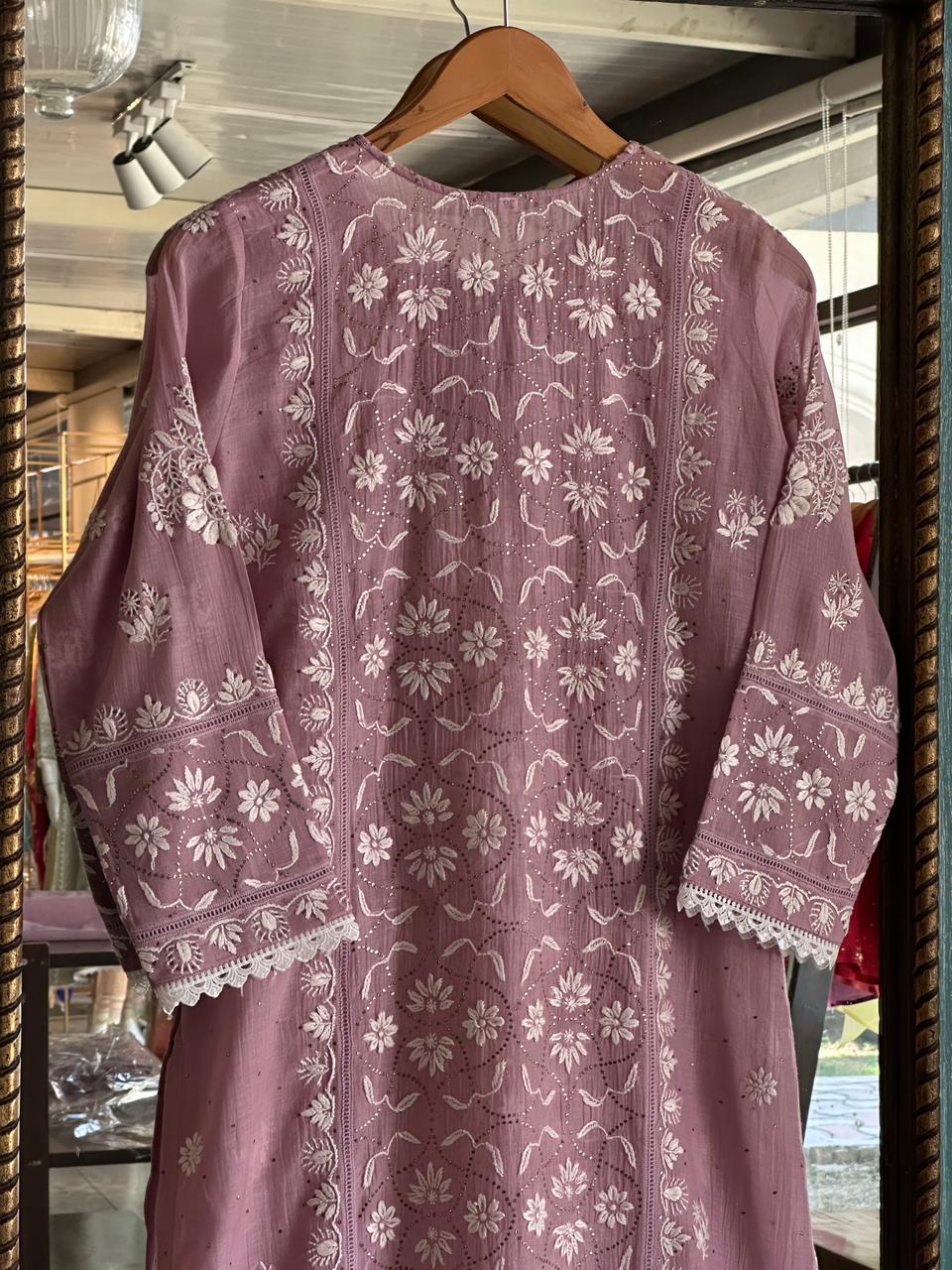 Dull Purple Mul Chanderi Mukaish Kamdani Chikankari Stitched Kurta Dupatta Set