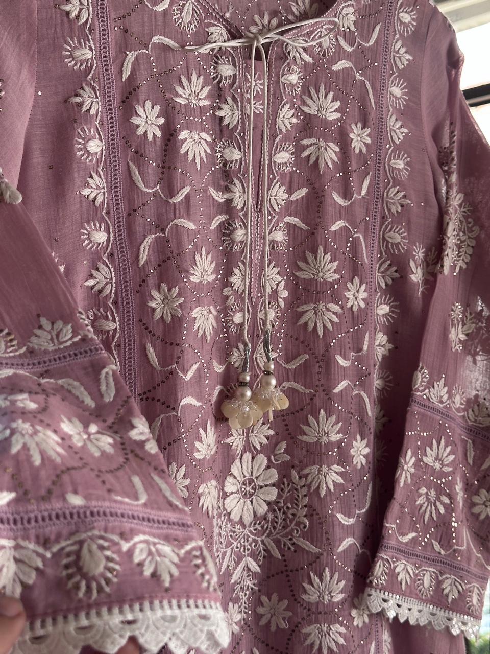 Dull Purple Mul Chanderi Mukaish Kamdani Chikankari Stitched Kurta Dupatta Set