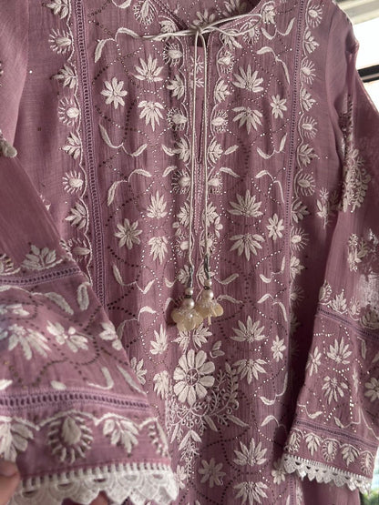 Dull Purple Mul Chanderi Mukaish Kamdani Chikankari Stitched Kurta Dupatta Set