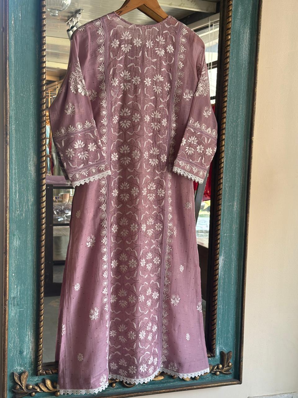 Dull Purple Mul Chanderi Mukaish Kamdani Chikankari Stitched Kurta Dupatta Set