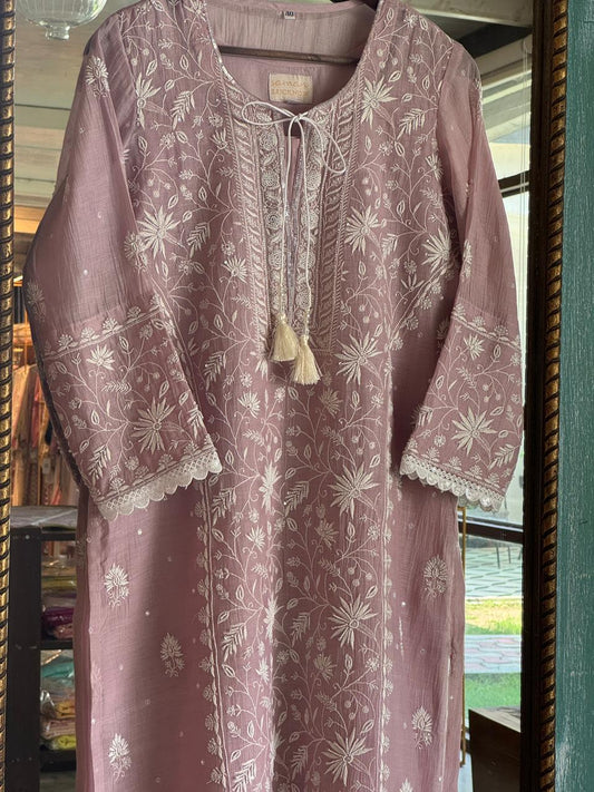 Dull Purple Mulmul Pearl White Chikankari Ready to Wear Kurta Set