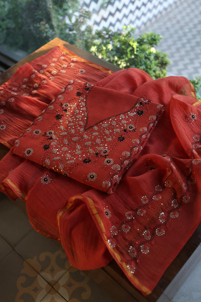 Dull Red Mul Chanderi Silk Kalamkari Unstitched Kurta Dupatta Set