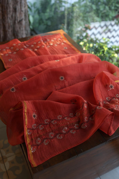 Dull Red Mul Chanderi Silk Kalamkari Unstitched Kurta Dupatta Set