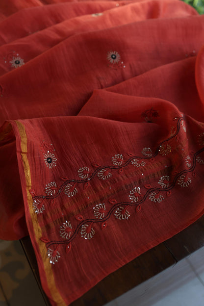 Dull Red Mul Chanderi Silk Kalamkari Unstitched Kurta Dupatta Set