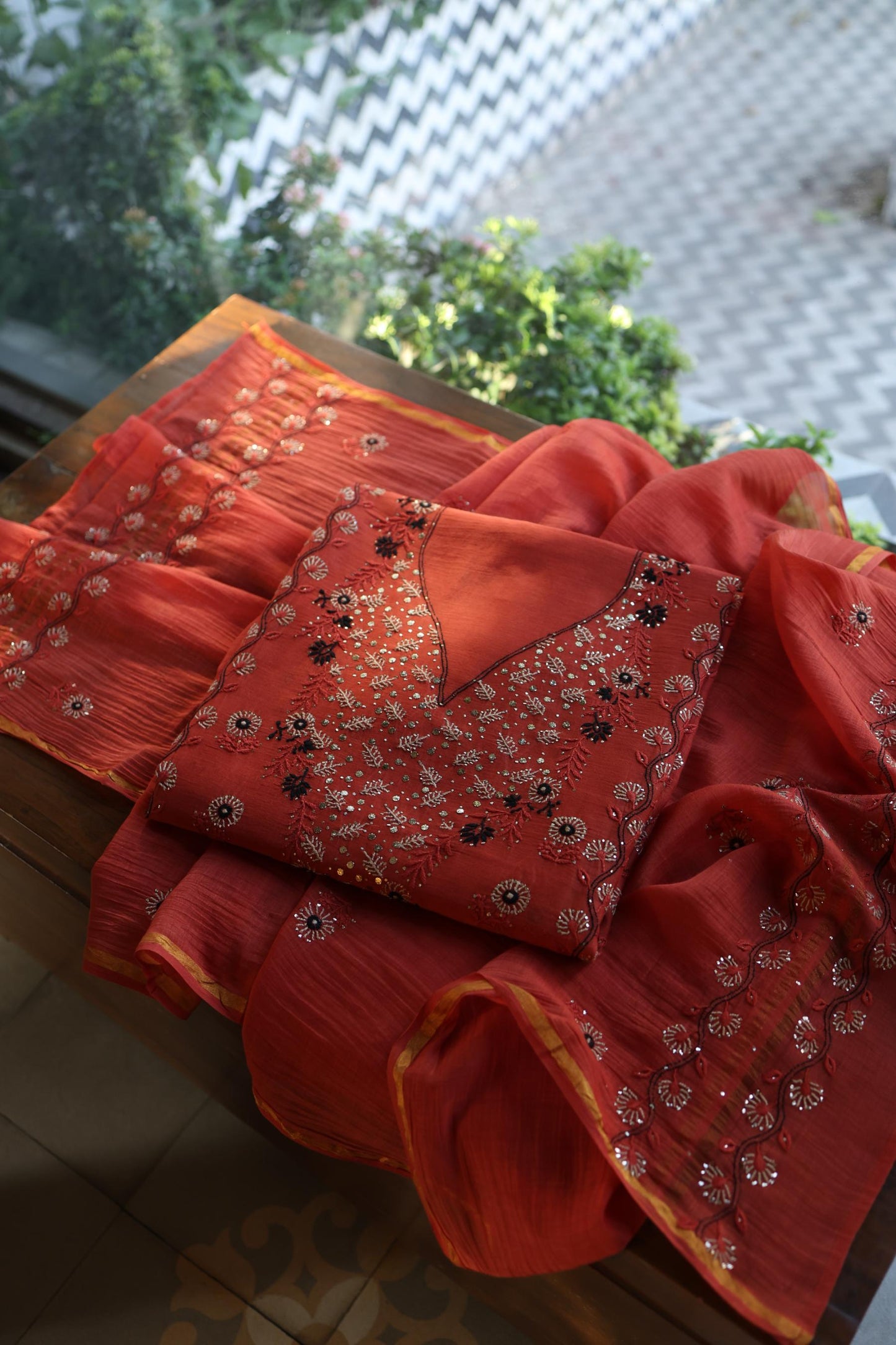 Dull Red Mul Chanderi Silk Kalamkari Unstitched Kurta Dupatta Set