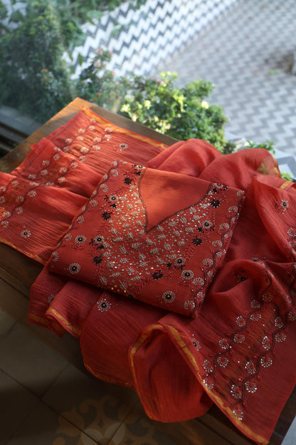 Dull Red Mul Chanderi Silk Kalamkari Unstitched Kurta Dupatta Set