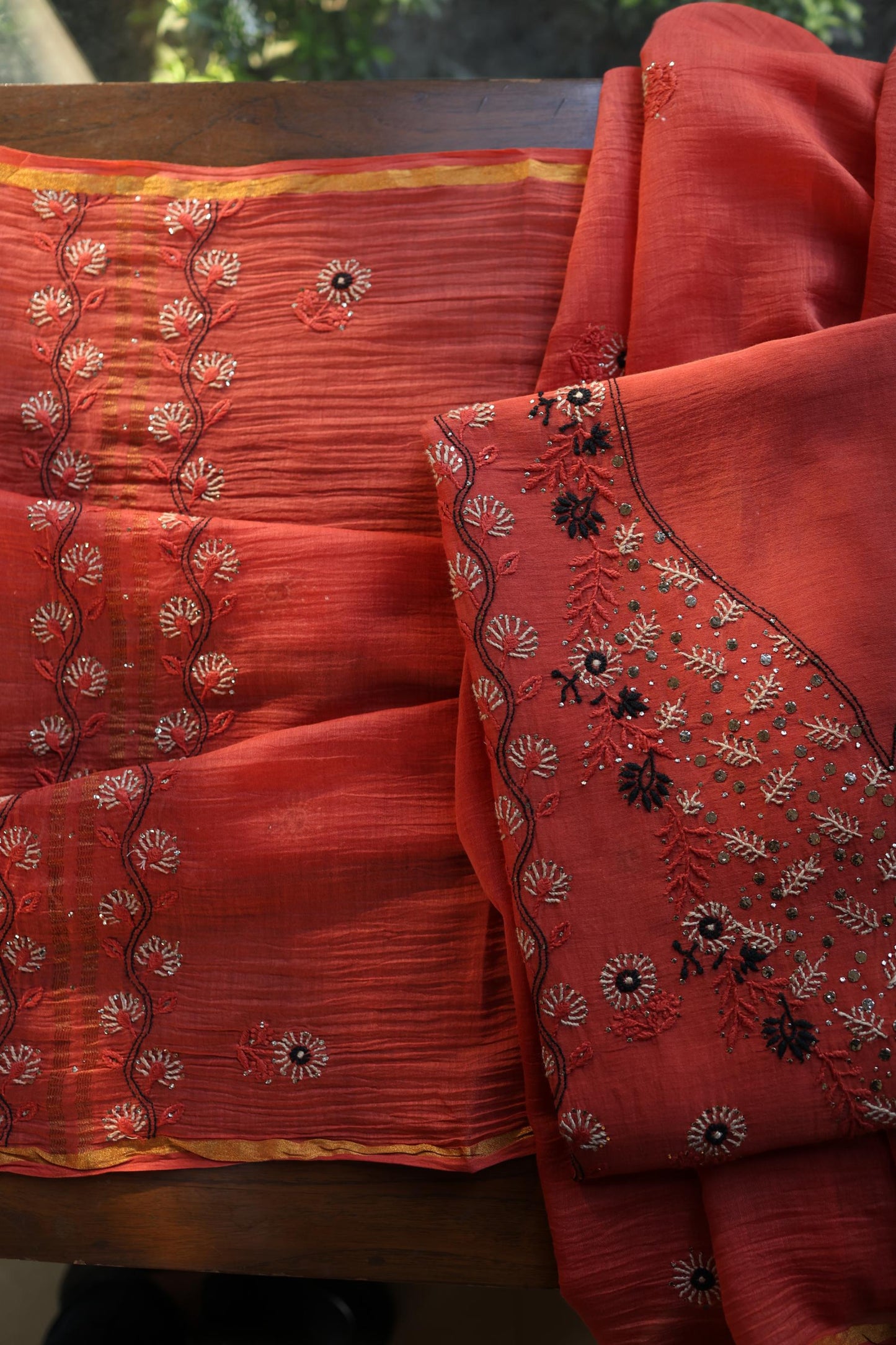 Dull Red Mul Chanderi Silk Kalamkari Unstitched Kurta Dupatta Set