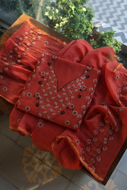 Dull Red Mul Chanderi Silk Kalamkari Unstitched Kurta Dupatta Set