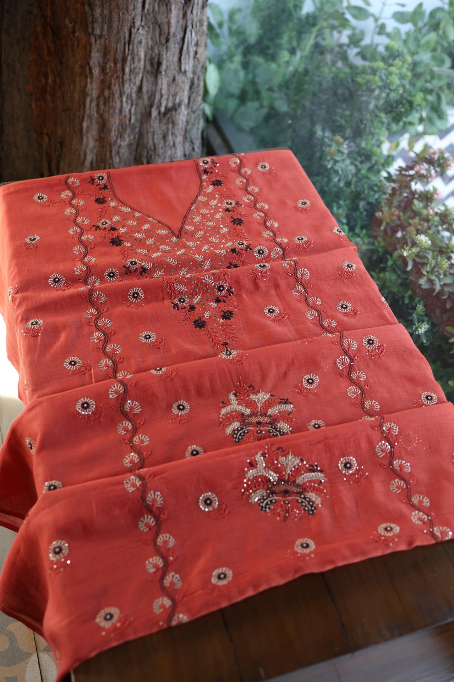 Dull Red Mul Chanderi Silk Kalamkari Unstitched Kurta Dupatta Set