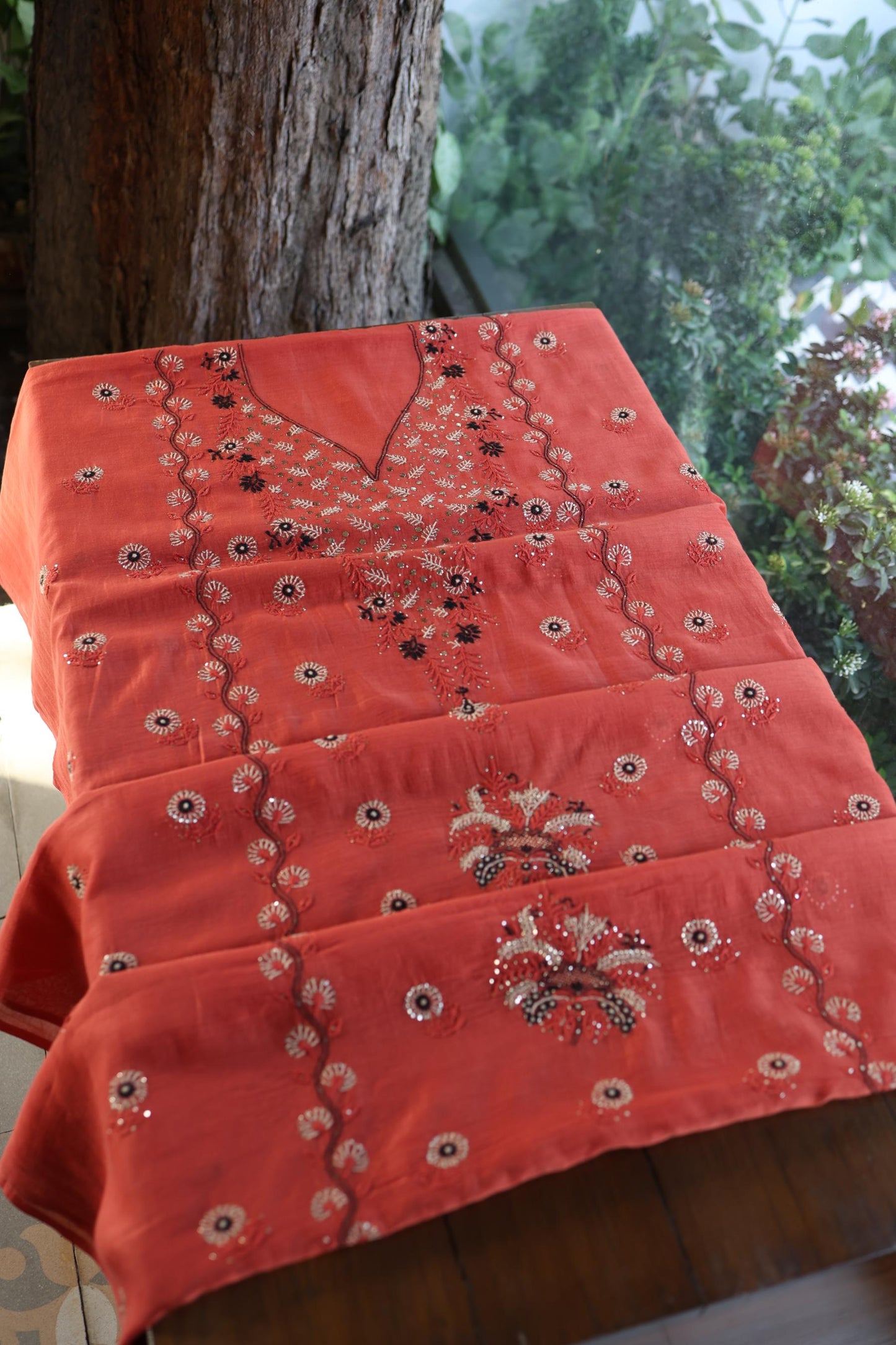 Dull Red Mul Chanderi Silk Kalamkari Unstitched Kurta Dupatta Set