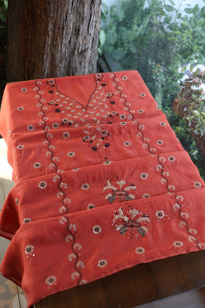 Dull Red Mul Chanderi Silk Kalamkari Unstitched Kurta Dupatta Set