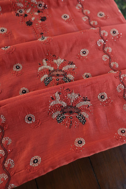 Dull Red Mul Chanderi Silk Kalamkari Unstitched Kurta Dupatta Set