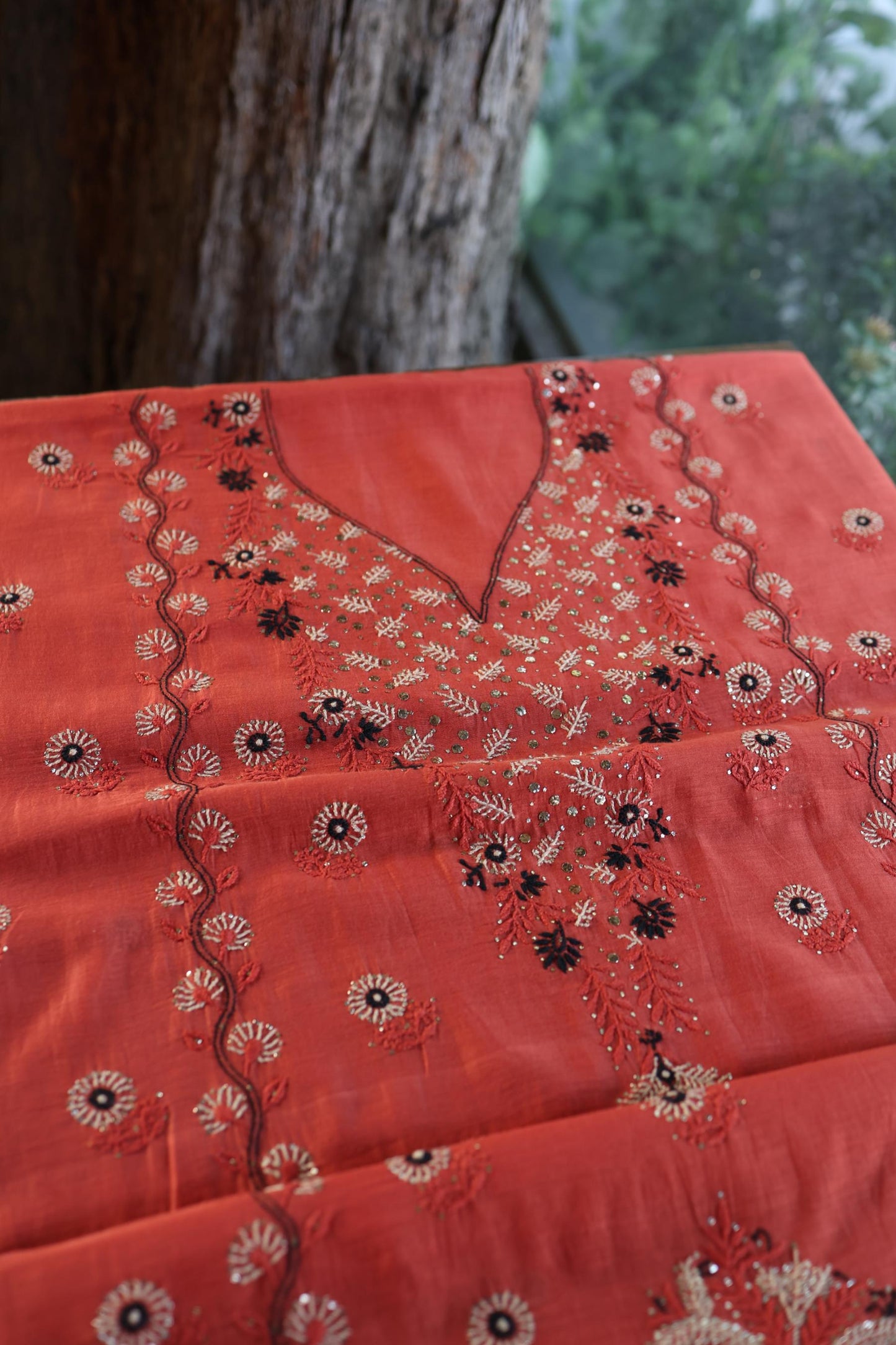 Dull Red Mul Chanderi Silk Kalamkari Unstitched Kurta Dupatta Set