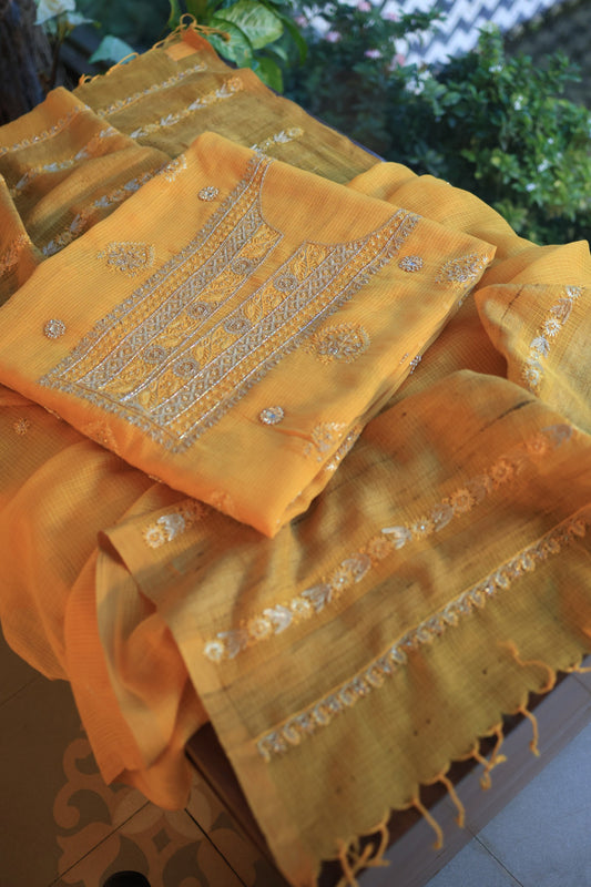 Dull Yellow Handloom Kota Chikankari With Mirror Work Unstitched Kurta Dupatta Set
