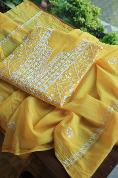 Dull Yellow Mal Chanderi Silk Chikankari With Sequins Unstitched Kurta Dupatta Set