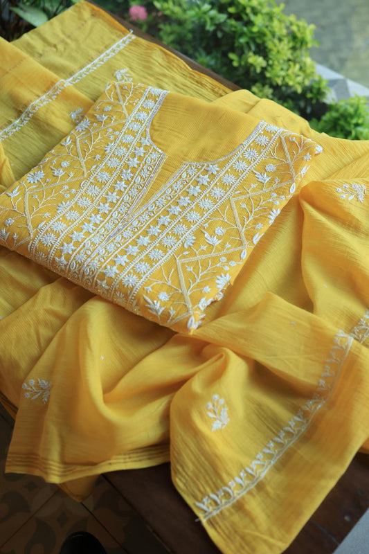 Dull Yellow Mal Chanderi Silk Chikankari With Sequins Unstitched Kurta Dupatta Set