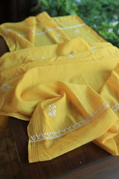 Dull Yellow Mal Chanderi Silk Chikankari With Sequins Unstitched Kurta Dupatta Set