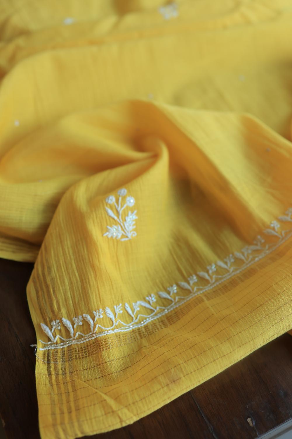 Dull Yellow Mal Chanderi Silk Chikankari With Sequins Unstitched Kurta Dupatta Set
