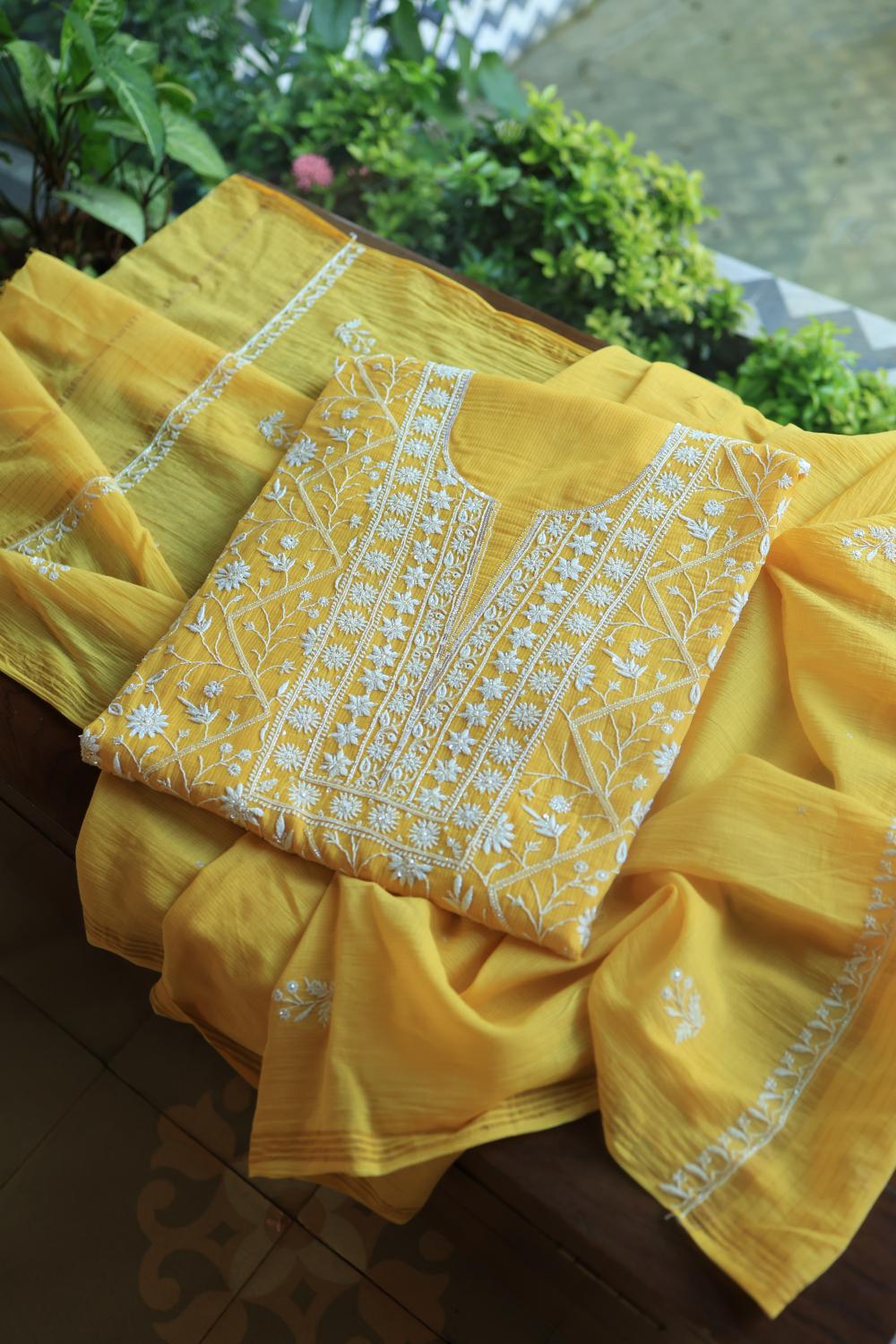 Dull Yellow Mal Chanderi Silk Chikankari With Sequins Unstitched Kurta Dupatta Set