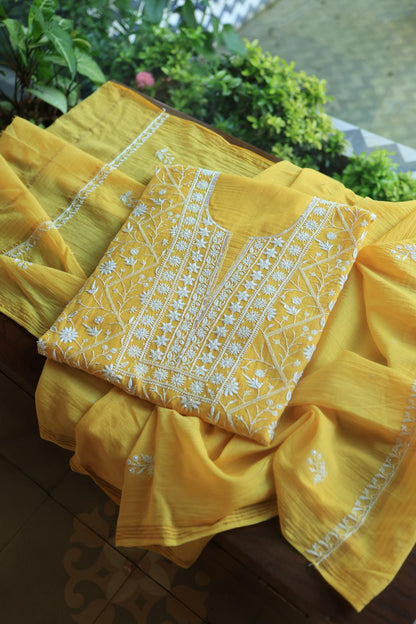 Dull Yellow Mal Chanderi Silk Chikankari With Sequins Unstitched Kurta Dupatta Set