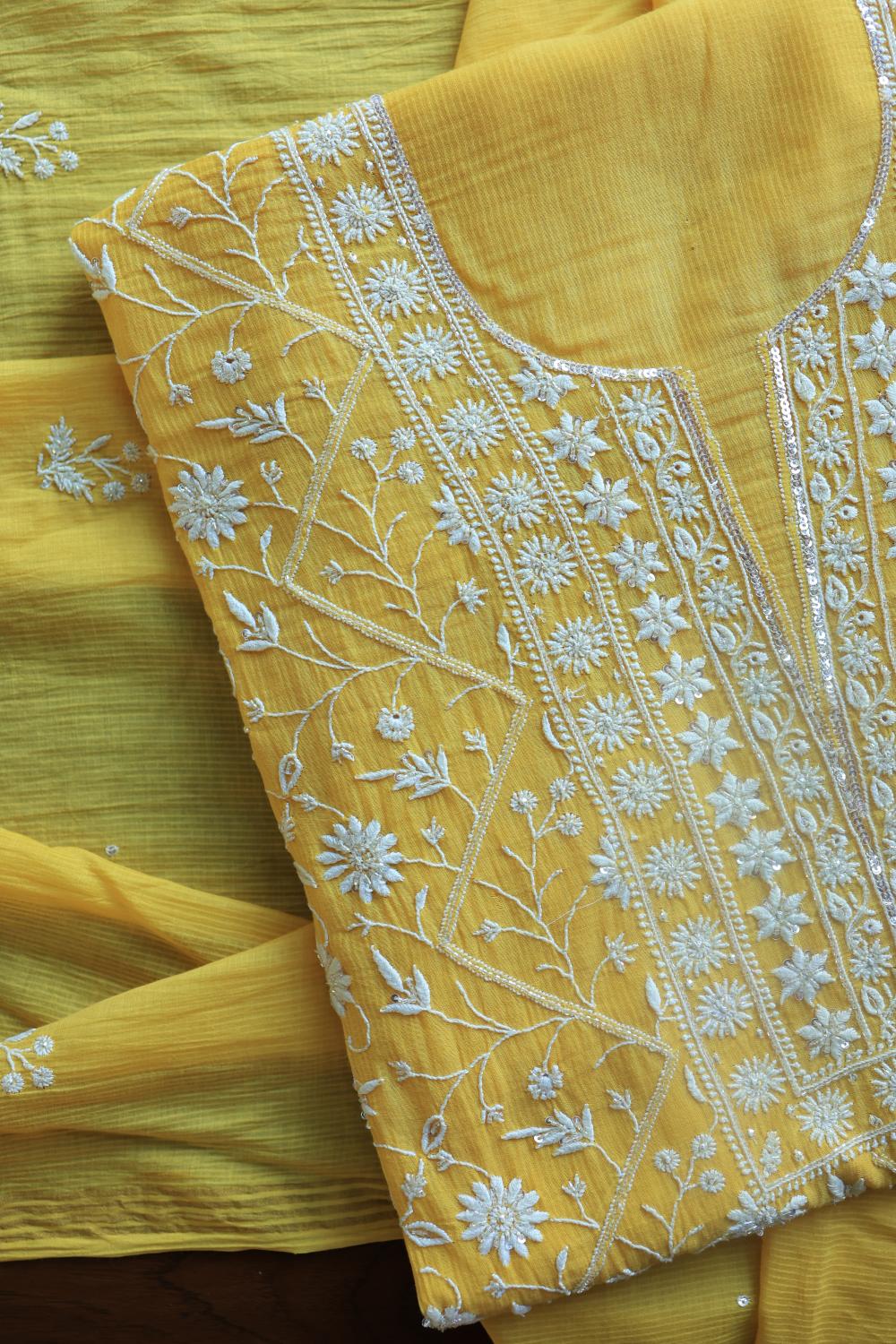 Dull Yellow Mal Chanderi Silk Chikankari With Sequins Unstitched Kurta Dupatta Set