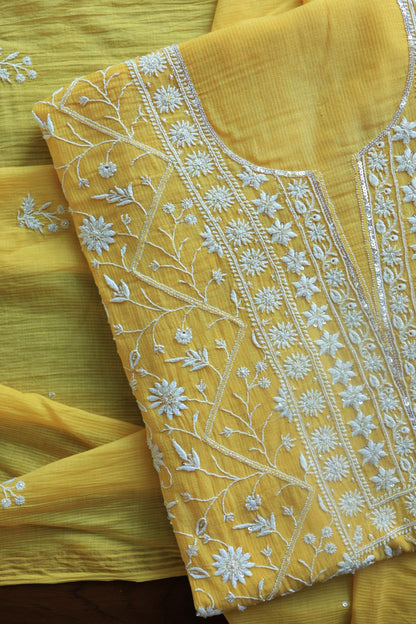 Dull Yellow Mal Chanderi Silk Chikankari With Sequins Unstitched Kurta Dupatta Set