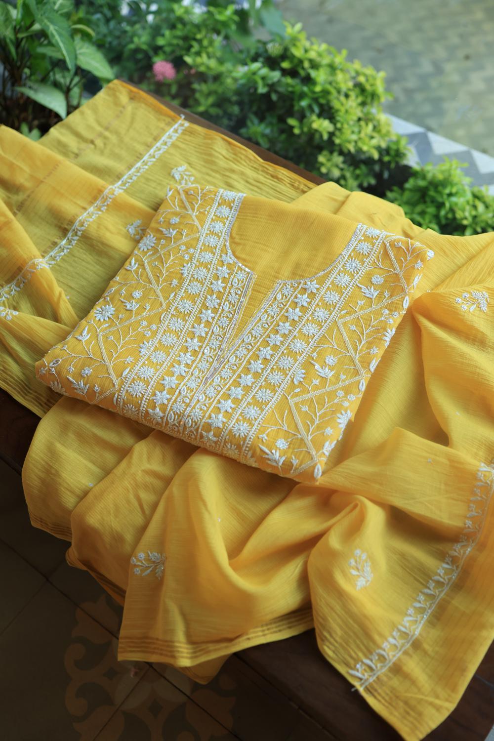 Dull Yellow Mal Chanderi Silk Chikankari With Sequins Unstitched Kurta Dupatta Set