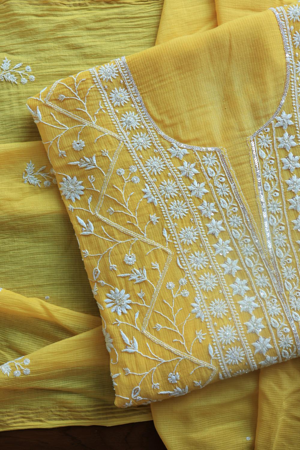 Dull Yellow Mal Chanderi Silk Chikankari With Sequins Unstitched Kurta Dupatta Set