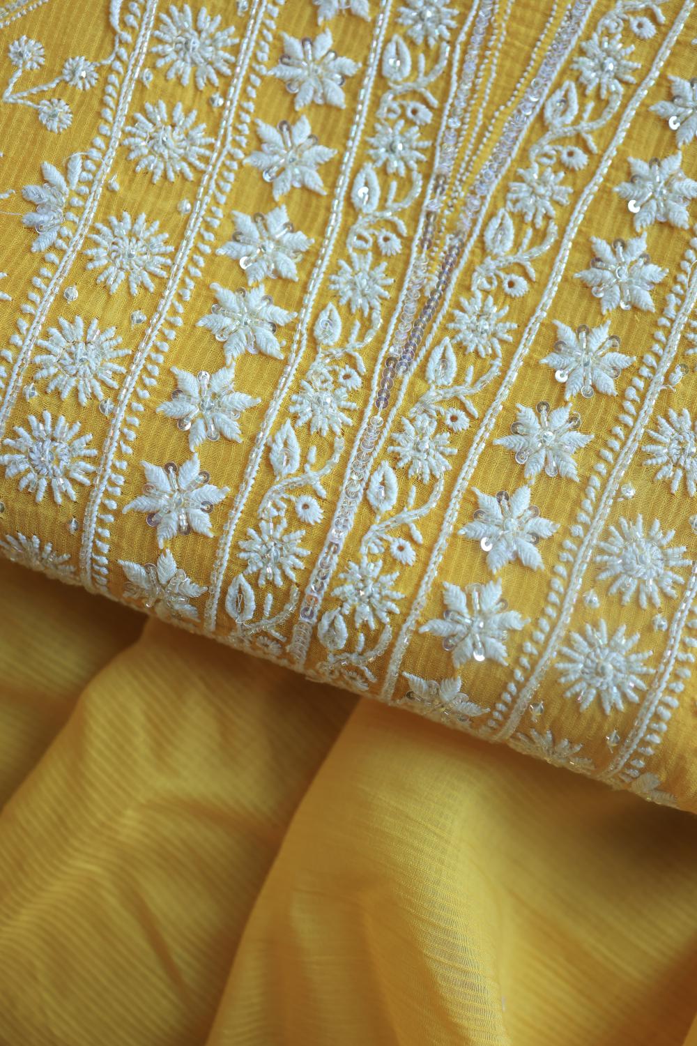 Dull Yellow Mal Chanderi Silk Chikankari With Sequins Unstitched Kurta Dupatta Set