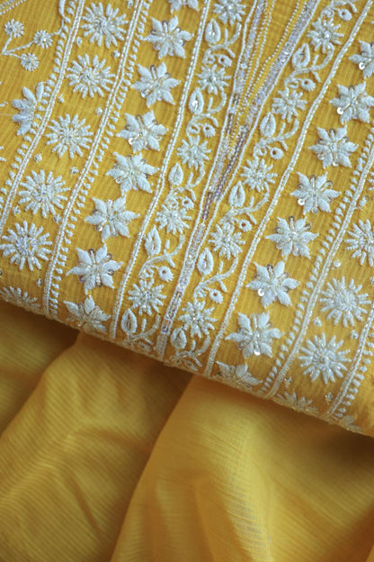 Dull Yellow Mal Chanderi Silk Chikankari With Sequins Unstitched Kurta Dupatta Set