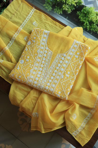 Dull Yellow Mal Chanderi Silk Chikankari With Sequins Unstitched Kurta Dupatta Set