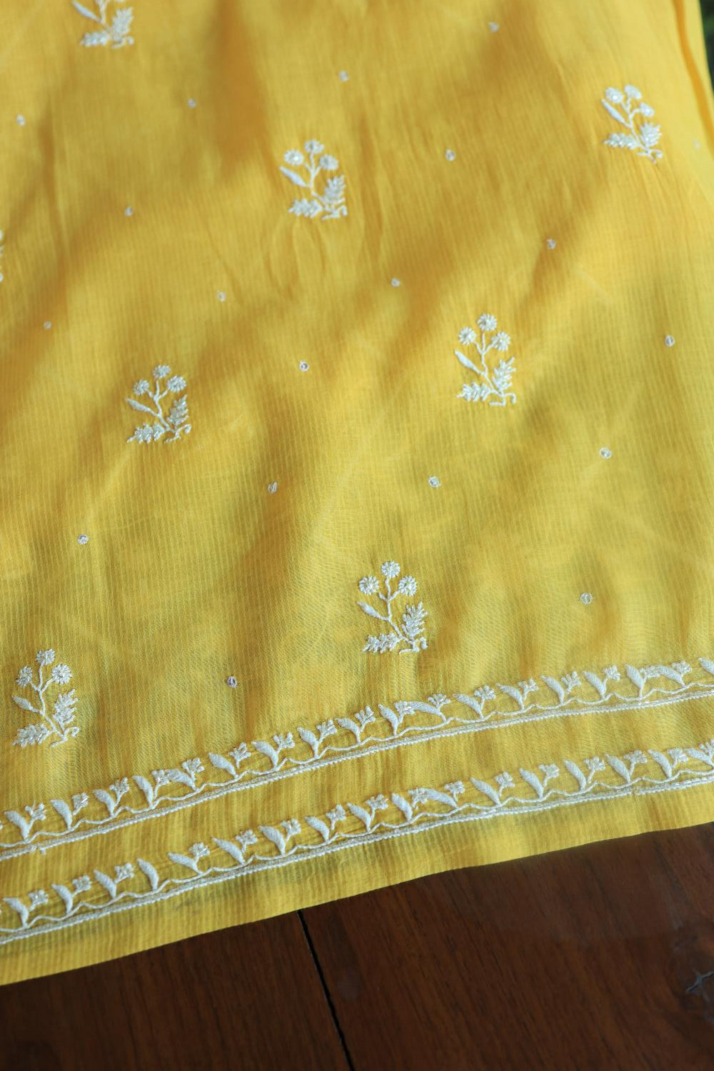 Dull Yellow Mal Chanderi Silk Chikankari With Sequins Unstitched Kurta Dupatta Set
