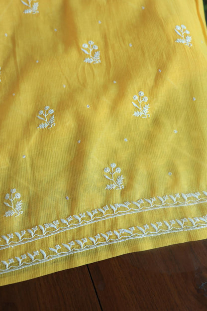 Dull Yellow Mal Chanderi Silk Chikankari With Sequins Unstitched Kurta Dupatta Set