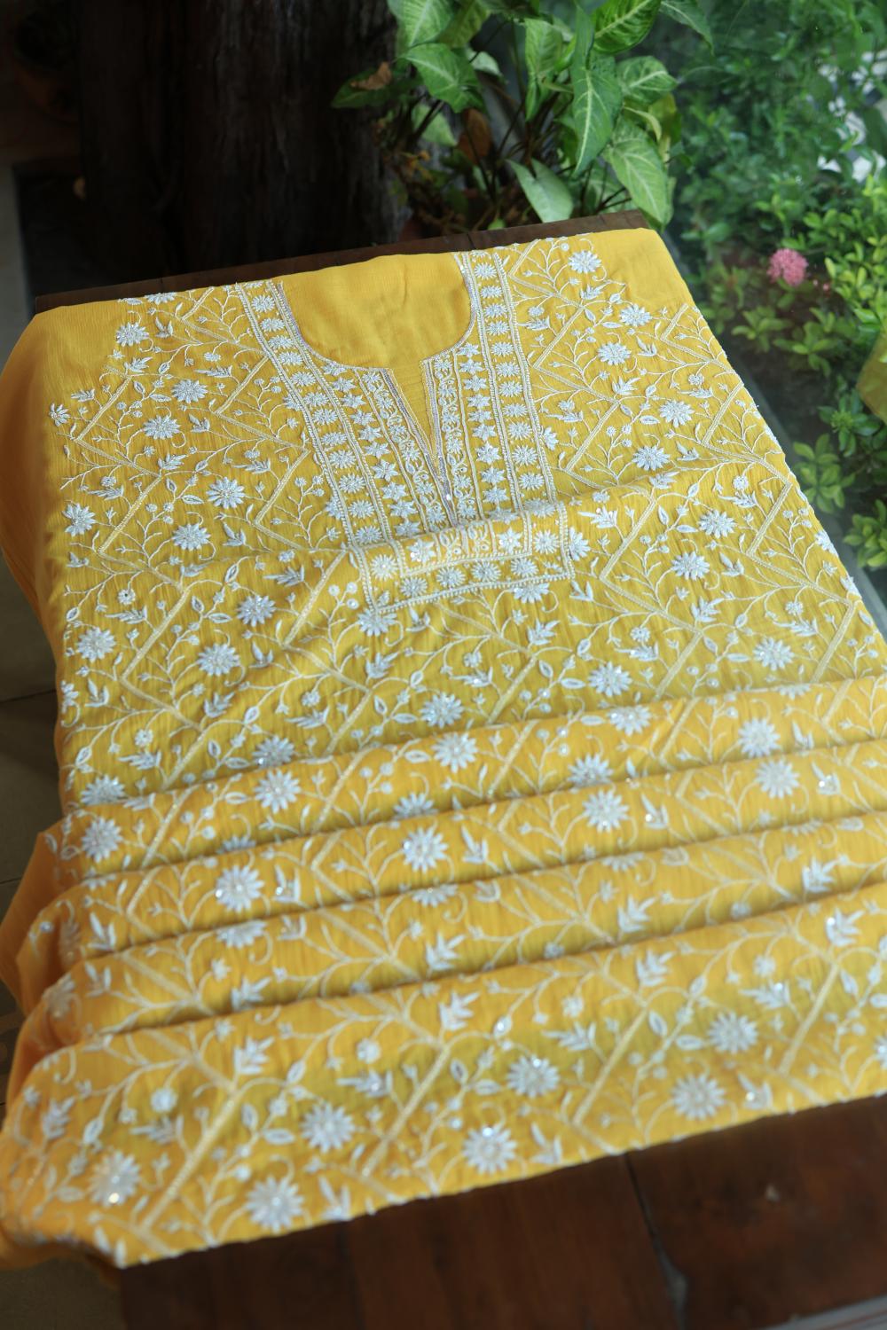 Dull Yellow Mal Chanderi Silk Chikankari With Sequins Unstitched Kurta Dupatta Set