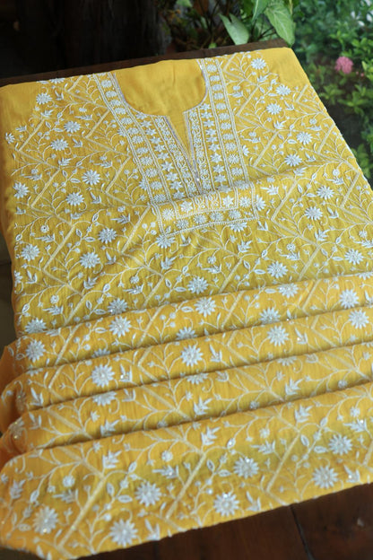 Dull Yellow Mal Chanderi Silk Chikankari With Sequins Unstitched Kurta Dupatta Set