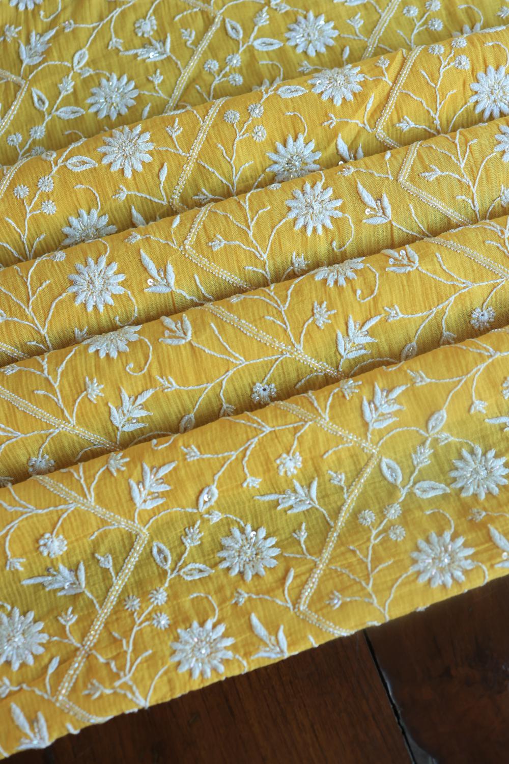 Dull Yellow Mal Chanderi Silk Chikankari With Sequins Unstitched Kurta Dupatta Set
