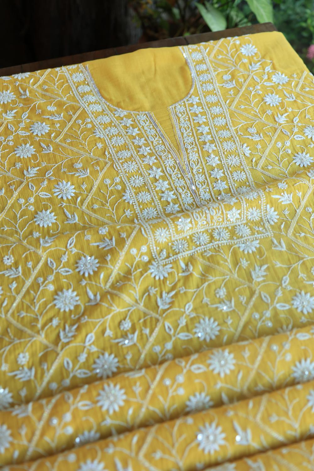 Dull Yellow Mal Chanderi Silk Chikankari With Sequins Unstitched Kurta Dupatta Set