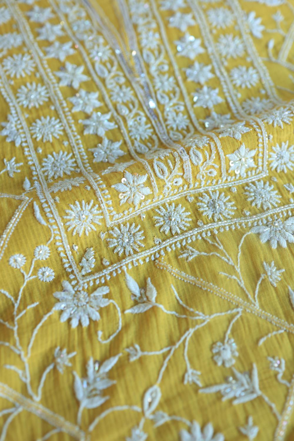 Dull Yellow Mal Chanderi Silk Chikankari With Sequins Unstitched Kurta Dupatta Set
