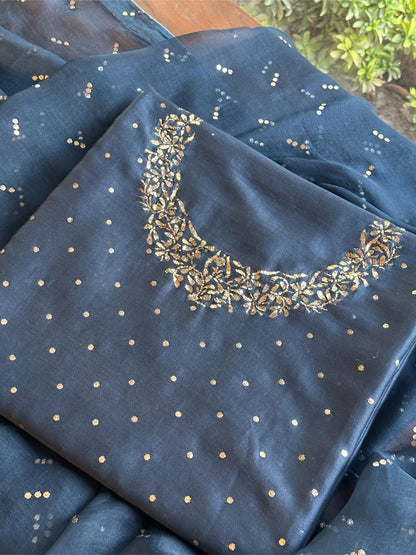 Dusk Blue Chanderi Silk Mukaish Badla Unstitched Fabric