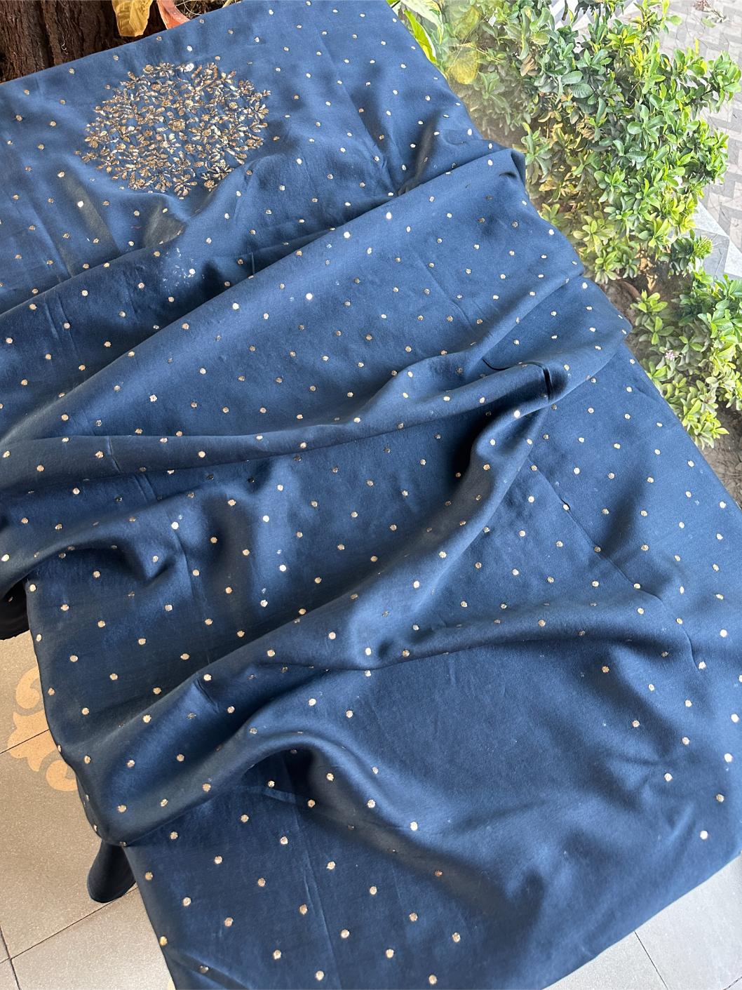 Dusk Blue Chanderi Silk Mukaish Badla Unstitched Fabric