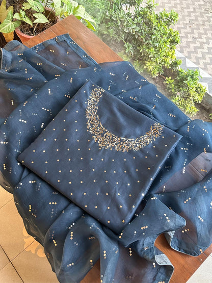 Dusk Blue Chanderi Silk Mukaish Badla Unstitched Fabric