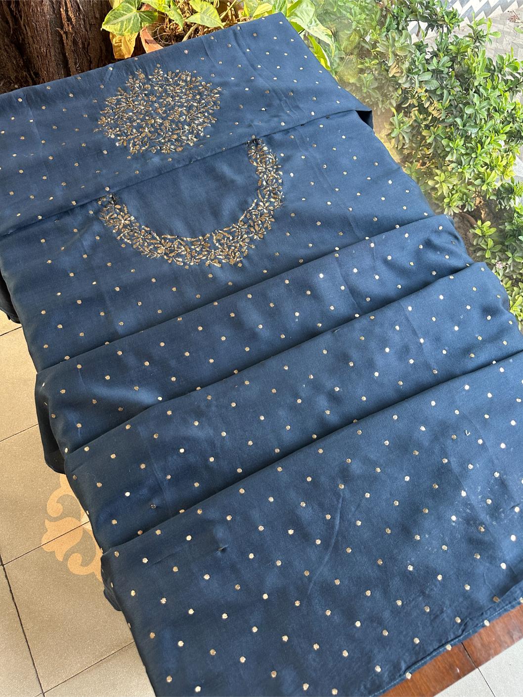 Dusk Blue Chanderi Silk Mukaish Badla Unstitched Fabric